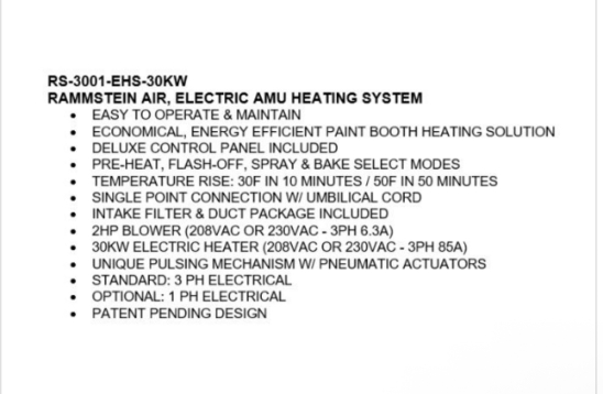 Electric Paint Booth Heating System (208V-3 Phase-optional 230v), RS-3001-EHS-30KW-3PH