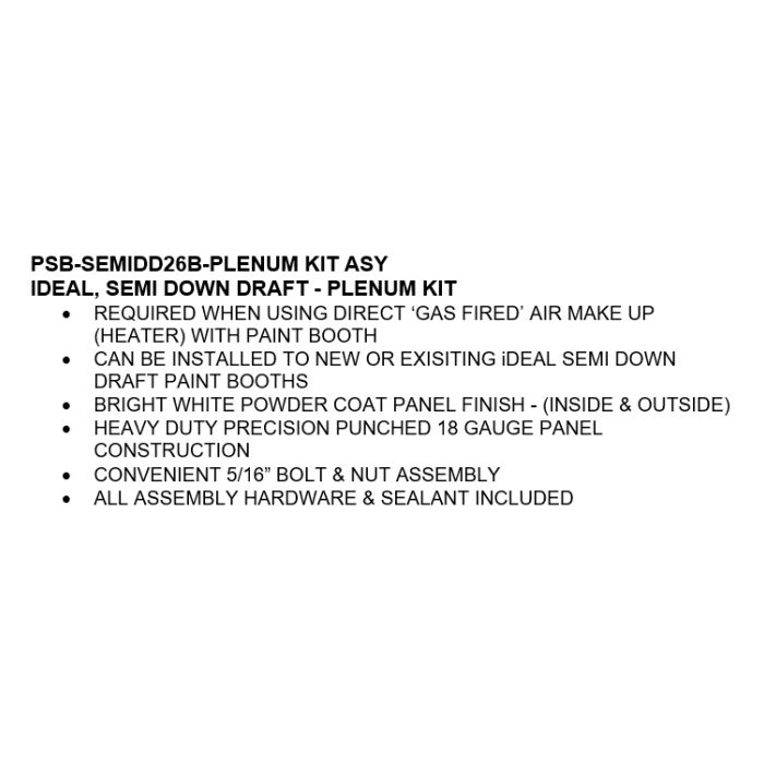 Semi Downdraft Paint Spray Booth Canopy Plenum Kit, PSB-SEMIDD26B-PLENUM-KIT-ASY