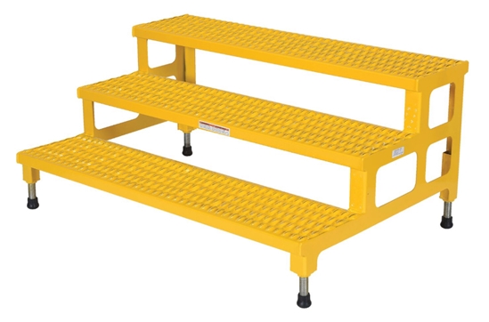 Our Adjustable Step-Mate Stands can be use as either a comfortable worker platform or a semipermanent step. Individual step size is 11-3/4" deep, aluminum construction 11-7/8" deep. Grip strut surface ensures safe footing. Legs adjust individually by scre