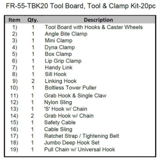 Tool Board, 20-Piece Tools and Clamp Kit (For The FR-55 Frame Scissor Rack), FR-55-TBK20